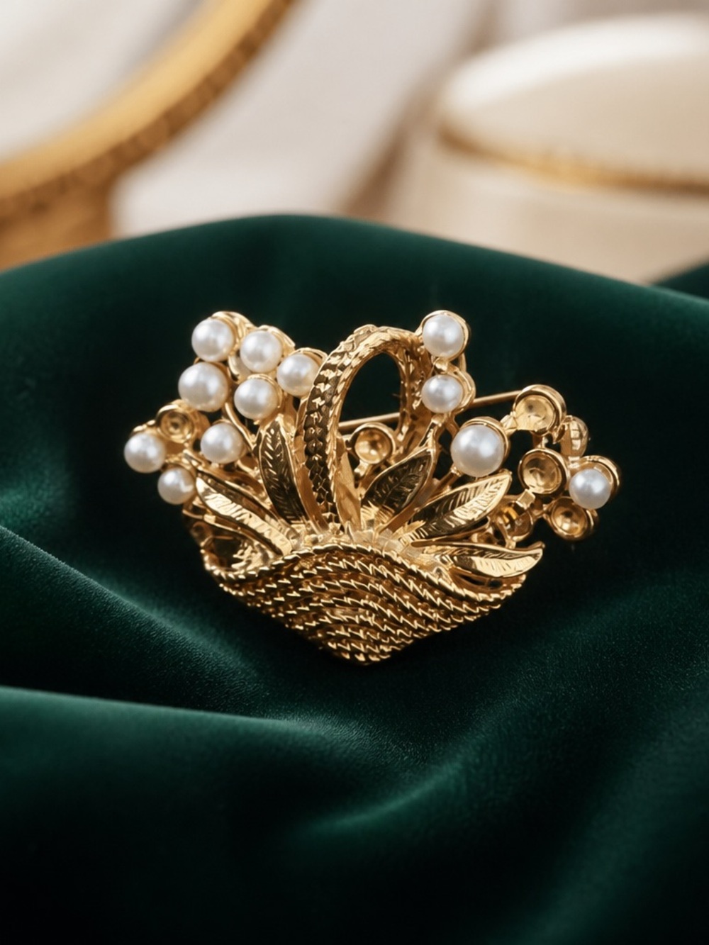 Vintage Gold Pearl Bouquet Basket Brooch - Women Jewelry